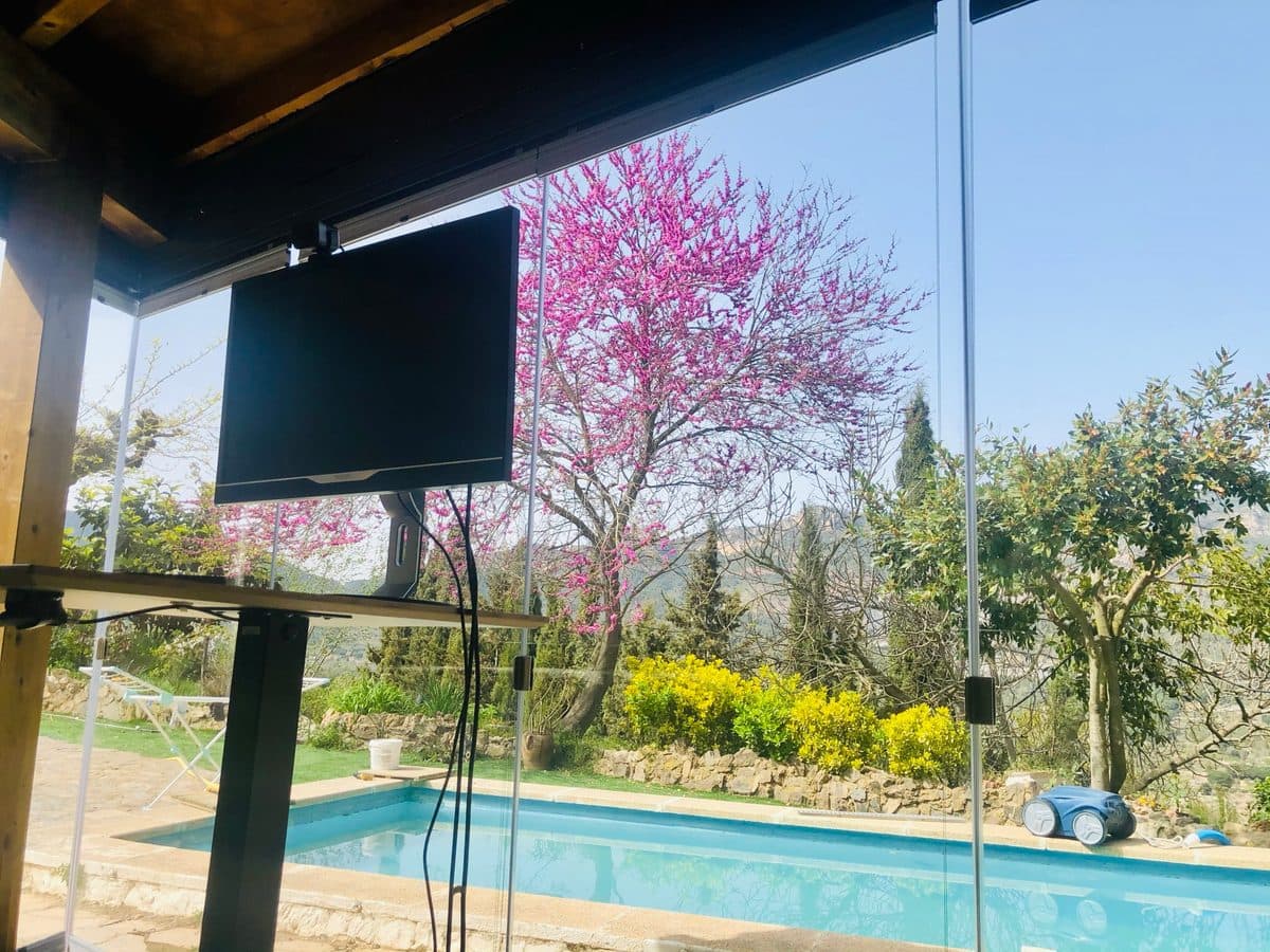 Inside Dragonfly: glass walls, the desk and screen, and the pool and blossom outside.